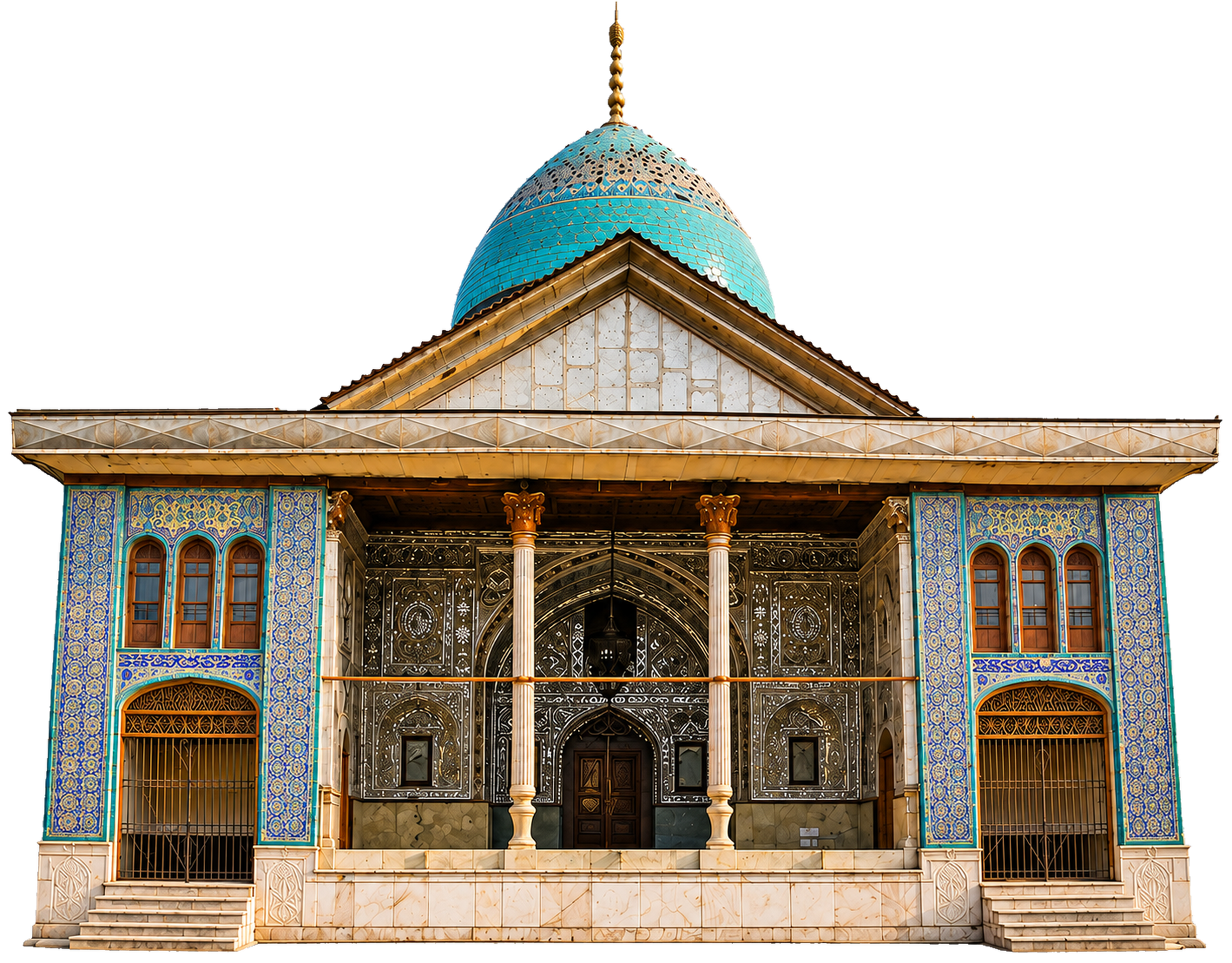 نمای بنای تاریخی مجموعه گردشگری مولوی با گنبد فیروزه‌ای و کاشی‌کاری قاجاری